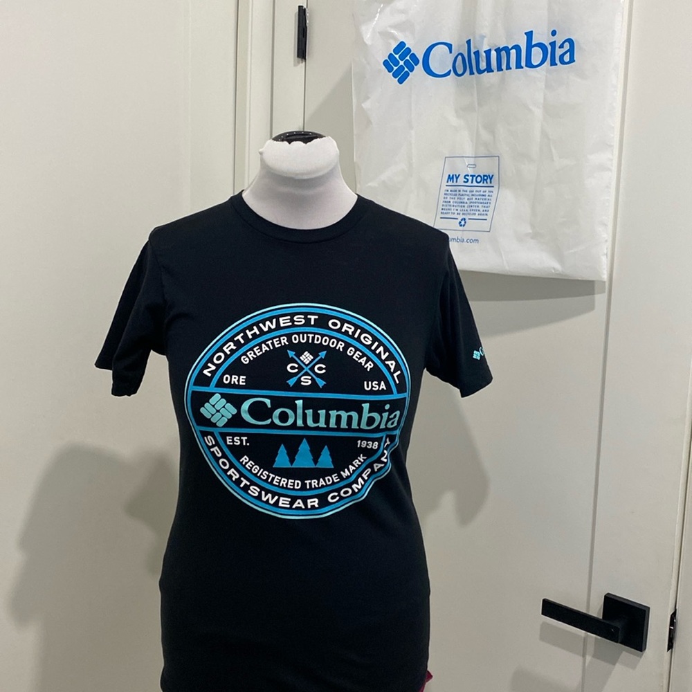 NWOT Columbia Sportsware Company Logo Men's T-Shirt, Black/Blue | Size Small